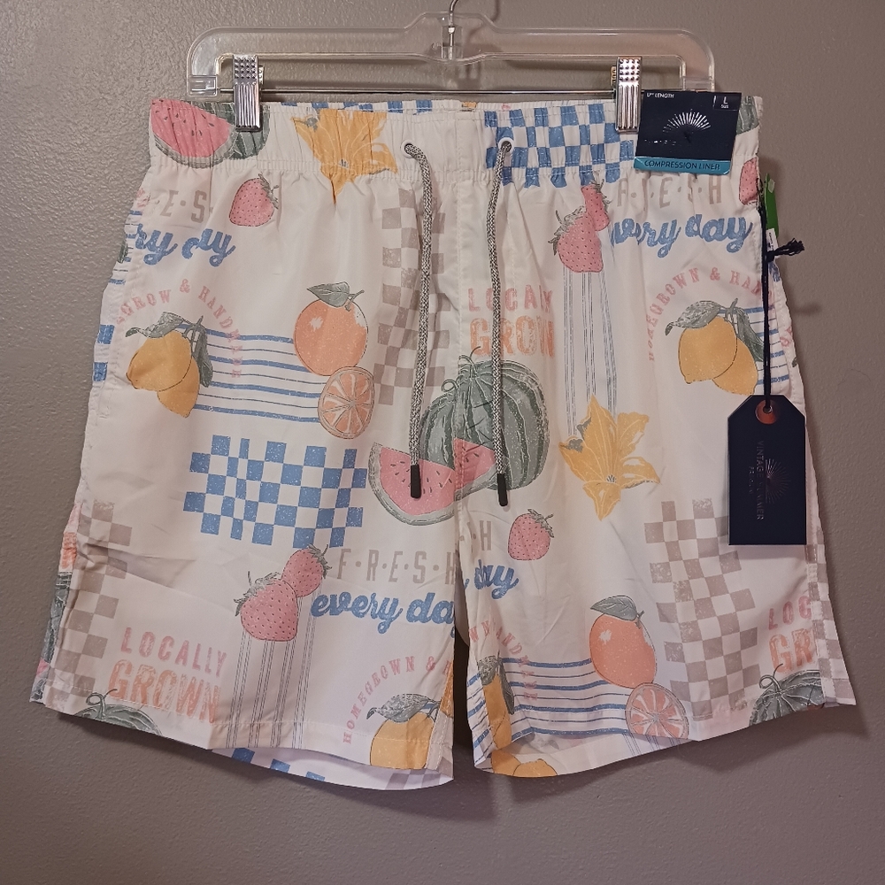 NWT Vintage Summer Swimwear Swim Shorts Fresh Farmers Print Mens Large 17x17